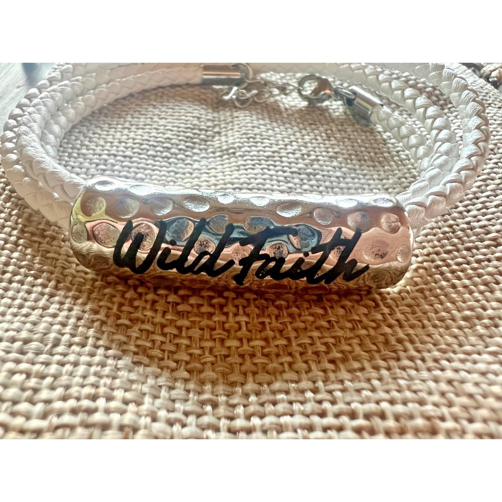 Wild‎ Faith Bracelet White Braided Cord Silver Bar Christian Jewelry New w/Bag
